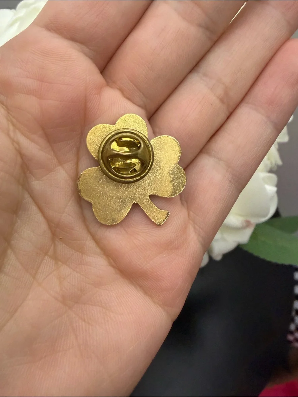 Vintage Green Shamrock Enamel Pin with Gold-tone Rescue Figure